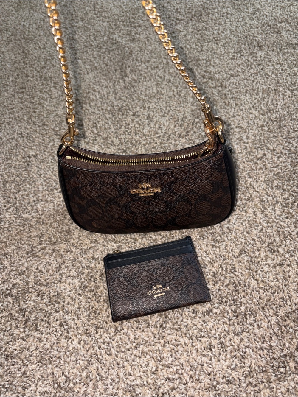 Coach Dark Brown Signature Canvas Shoulder Bag with Gold Chain